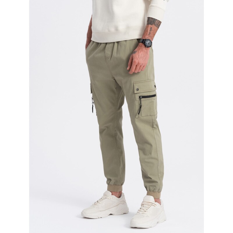 Ombre Clothing Pánské kalhoty JOGGER s cargo kapsami na zip - khaki V1 OM-PAJO-0125