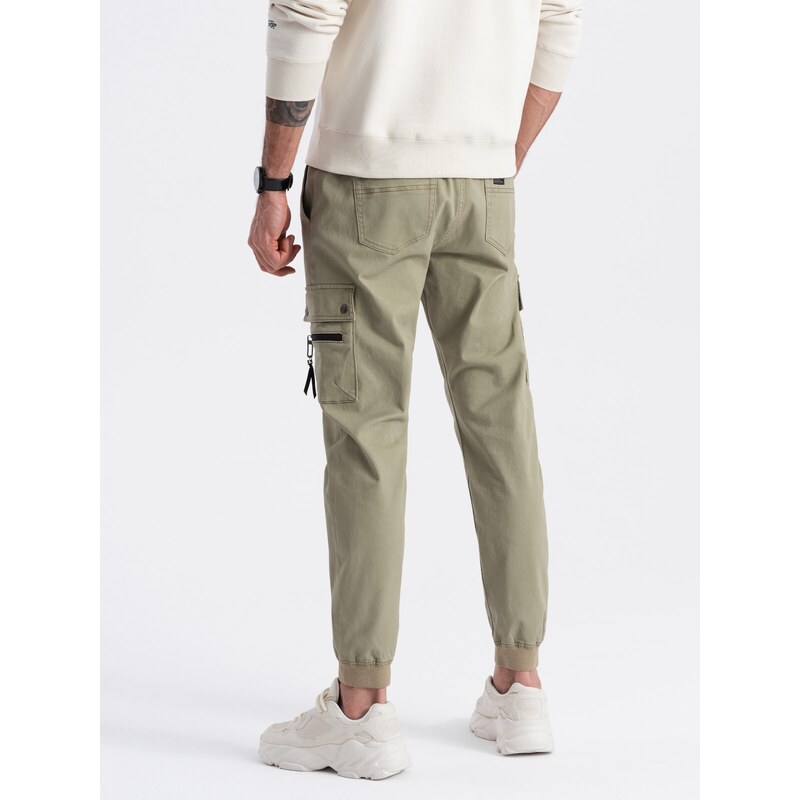 Ombre Clothing Pánské kalhoty JOGGER s cargo kapsami na zip - khaki V1 OM-PAJO-0125