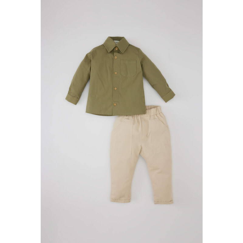 DEFACTO Baby Boy Long Sleeve Shirt Twill Trousers 2 Piece Set