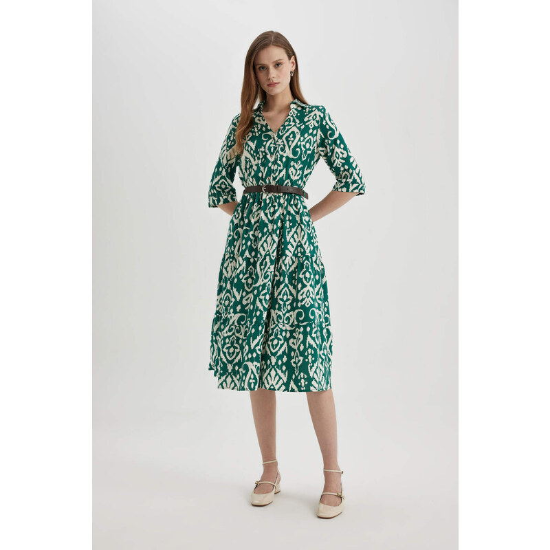 DEFACTO Shirt Collar Printed Midi Long Sleeve Dress