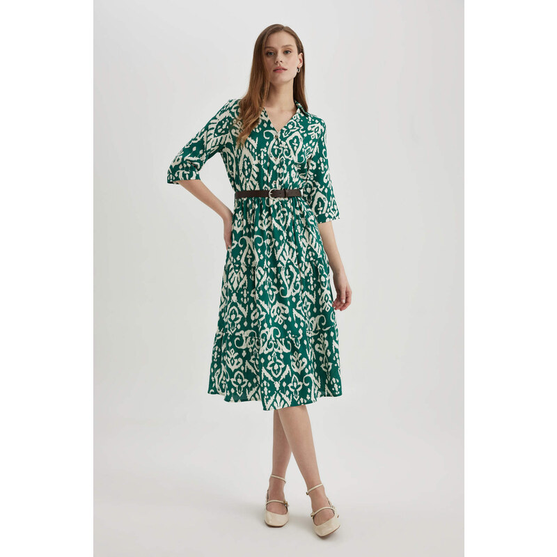 DEFACTO Shirt Collar Printed Midi Long Sleeve Dress