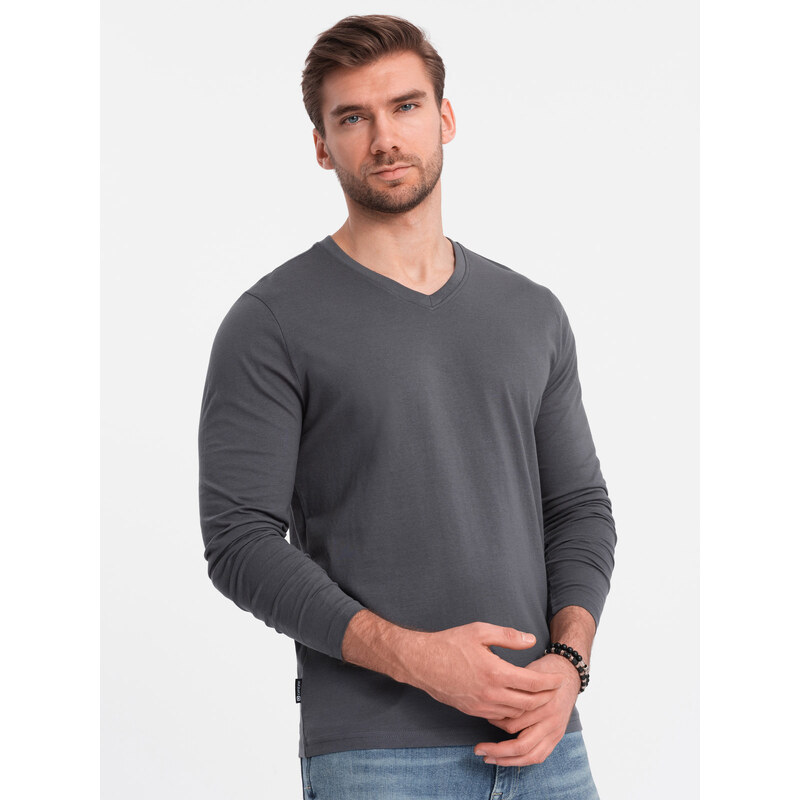 Ombre Clothing Pánské tričko s dlouhým rukávem bez potisku a výstřihem do V - grafitové V4 OM-LSBL-0108