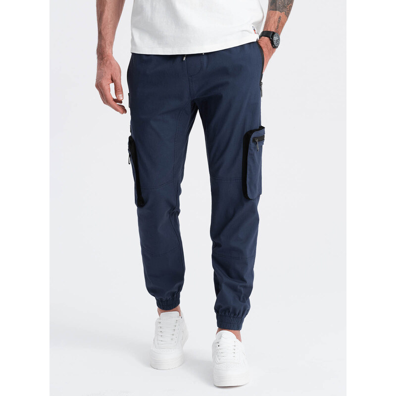 Ombre Clothing Pánské kalhoty JOGGER s cargo kapsami na zip - tmavě modré V5 OM-PAJO-0135