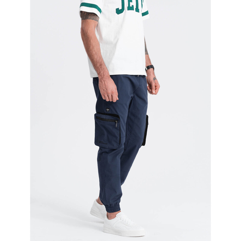 Ombre Clothing Pánské kalhoty JOGGER s cargo kapsami na zip - tmavě modré V5 OM-PAJO-0135