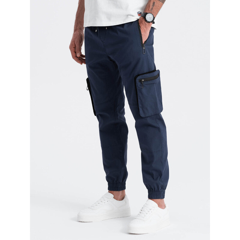 Ombre Clothing Pánské kalhoty JOGGER s cargo kapsami na zip - tmavě modré V5 OM-PAJO-0135