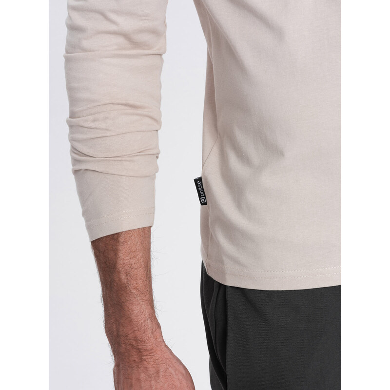 Ombre Clothing Pánské tričko s dlouhým rukávem bez potisku a výstřihem do V - světle béžové V1 OM-LSBL-0108