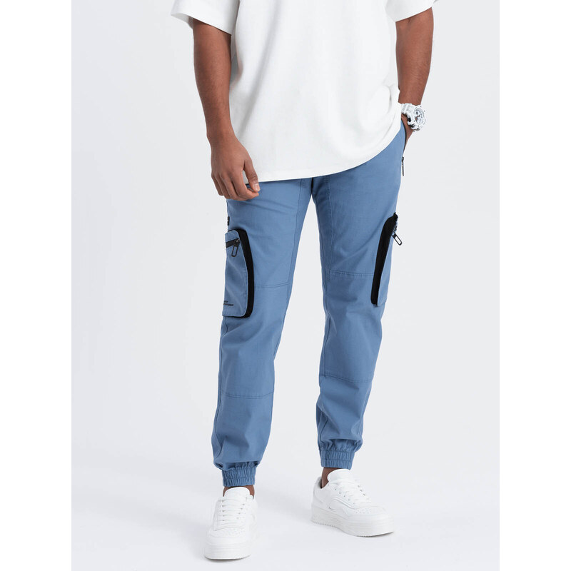 Ombre Clothing Pánské kalhoty JOGGER se stojáčkem a nákladovými kapsami na zip - modré V7 OM-PAJO-0135