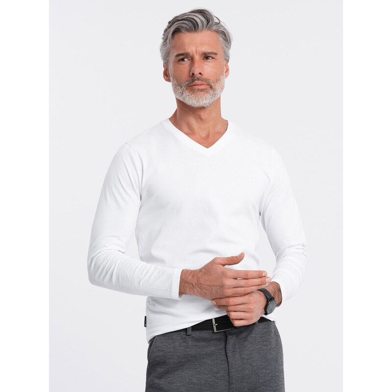 Ombre Clothing Pánské tričko s dlouhým rukávem bez potisku a s výstřihem - bílé V3 OM-LSBL-0108