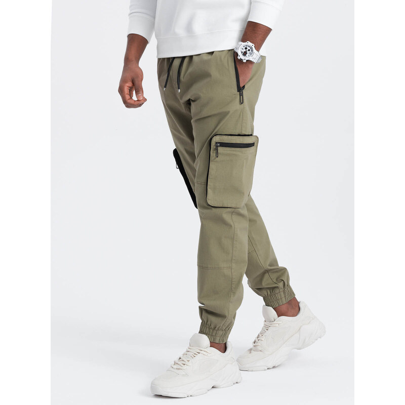 Ombre Clothing Pánské kalhoty JOGGER s cargo kapsami na zip - světle šedé V1 OM-PAJO-0135