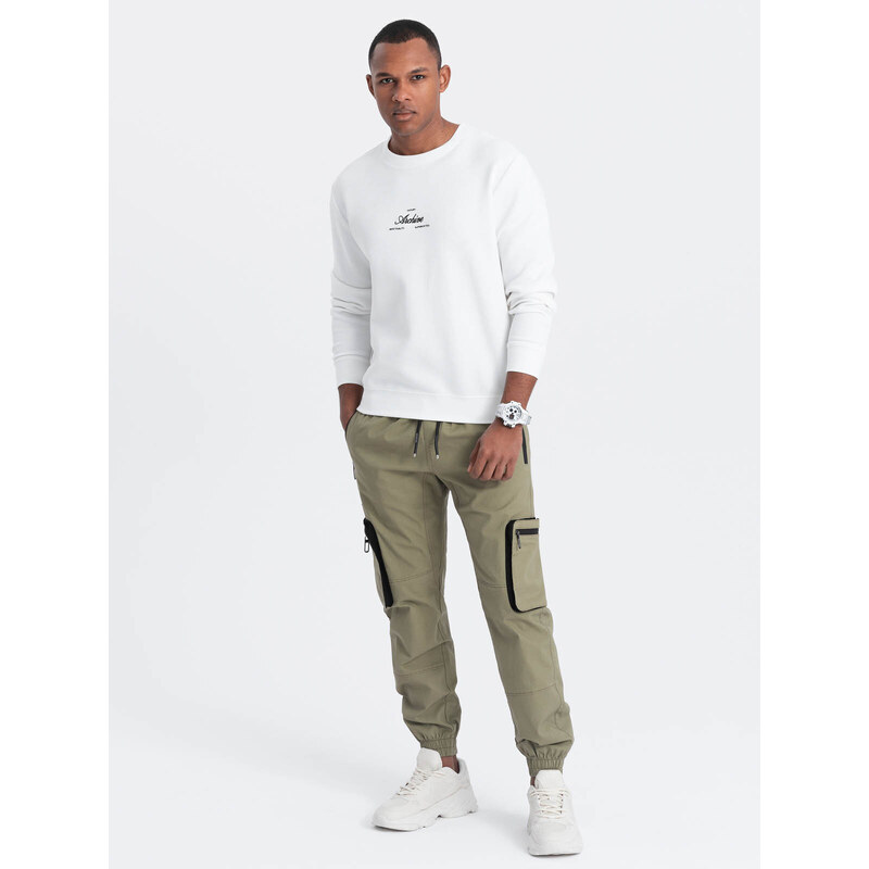 Ombre Clothing Pánské kalhoty JOGGER s cargo kapsami na zip - světle šedé V1 OM-PAJO-0135