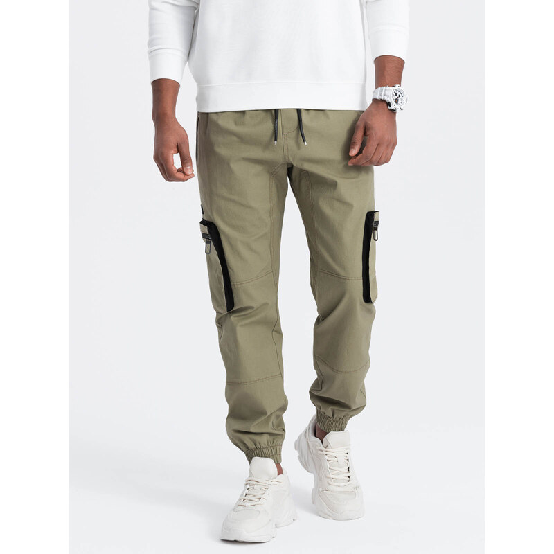 Ombre Clothing Pánské kalhoty JOGGER s cargo kapsami na zip - světle šedé V1 OM-PAJO-0135