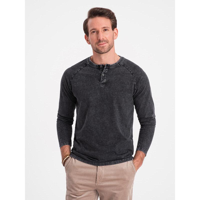 Ombre Men's wash henley longsleeve with raglan sleeves - black