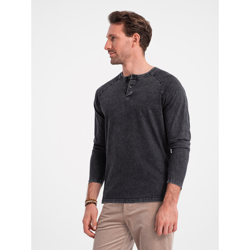 Ombre Men's wash henley longsleeve with raglan sleeves - black