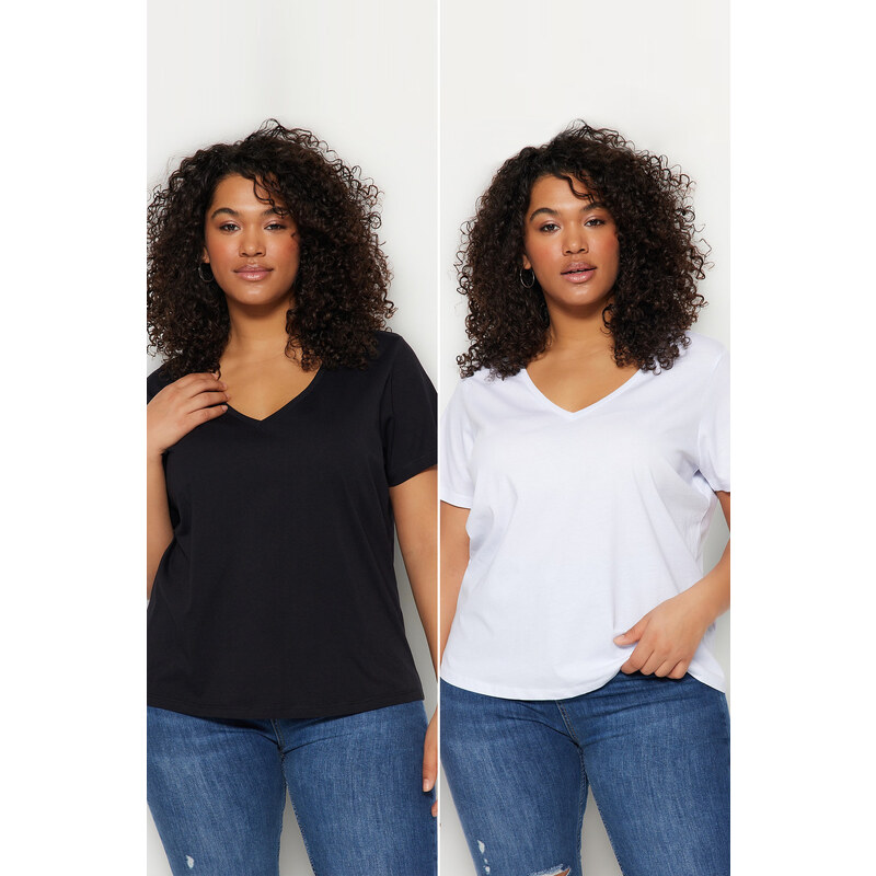 Trendyol Curve Black and White 2-Pack Basic Knitted T-Shirt