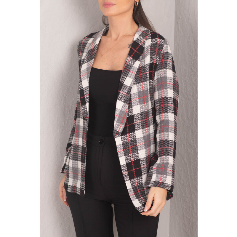 armonika Women's Black-Red Shawl Collar Plaid Pattern Tweed Jacket