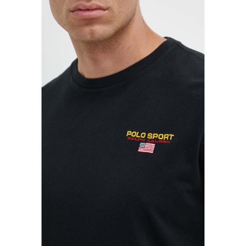 Bavlněné tričko s dlouhým rukávem Polo Ralph Lauren černá barva, s aplikací