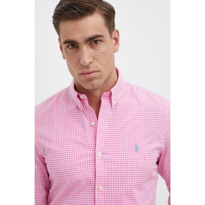 Košile Polo Ralph Lauren pánská, růžová barva, slim, s límečkem button-down