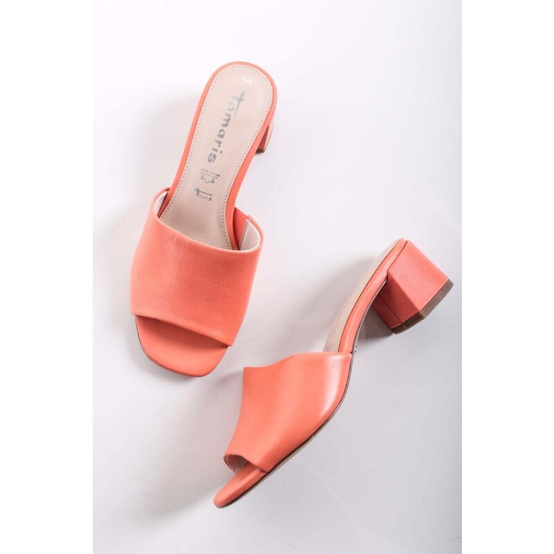 Tamaris Oranžové kožené pantofle na hrubém podpatku 27204-42
