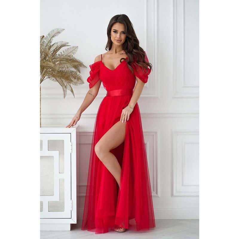 Bicotone Červené dlouhé tylové šaty Grace
