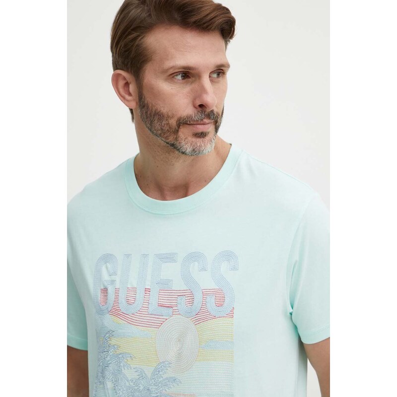 Bavlněné tričko Guess tyrkysová barva, s aplikací, M4GI15 I3Z14
