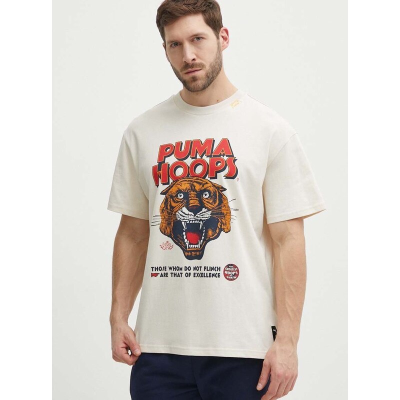 Bavlněné tričko Puma béžová barva, s potiskem, 624737