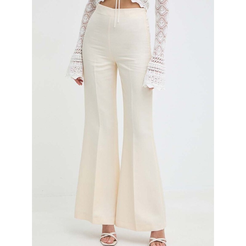 Kalhoty s příměsí lnu Twinset béžová barva, high waist