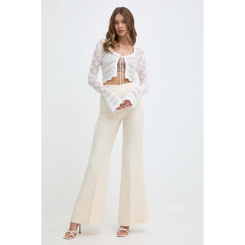 Kalhoty s příměsí lnu Twinset béžová barva, high waist