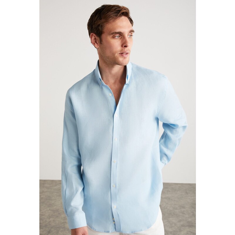 GRIMELANGE Brice Men's 100% Linen Flowy Light Blue Shirt