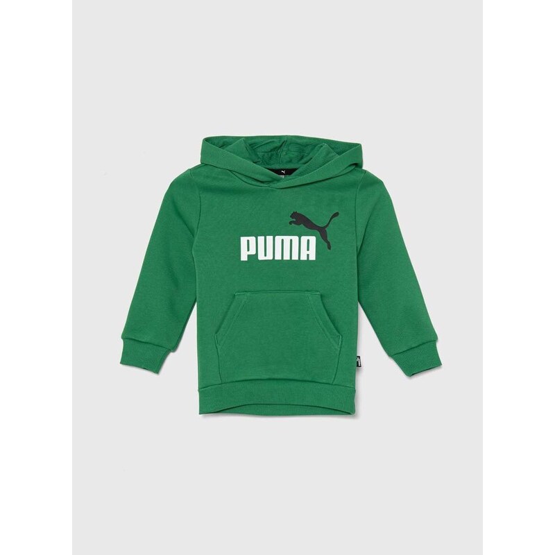 Dětská mikina Puma zelená barva, s kapucí, s potiskem