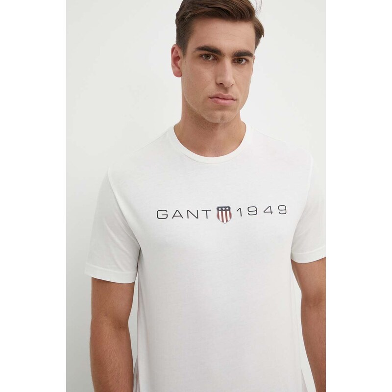 Bavlněné tričko Gant béžová barva, s potiskem