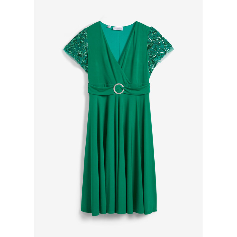 bonprix Žerzejové šaty s pajetkami na rukávech Zelená