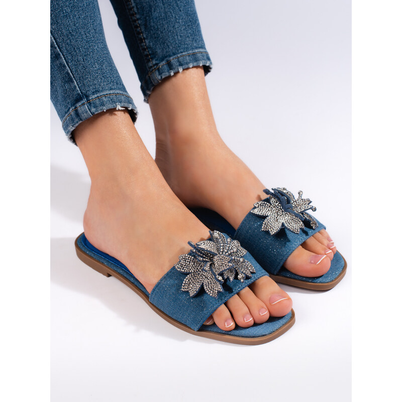 Shelvt Women's denim flip-flops with embellishment