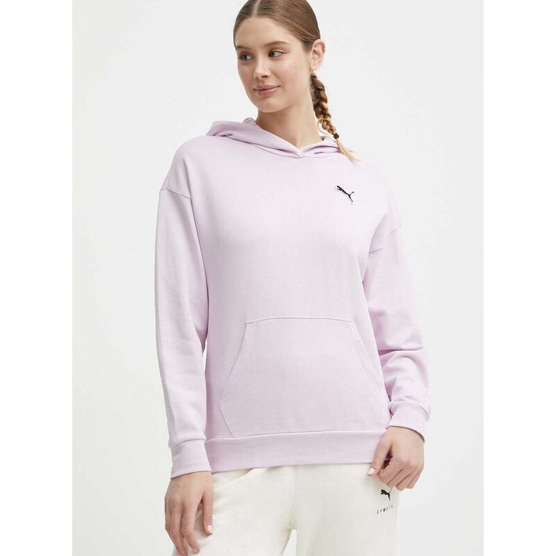 Bavlněná mikina Puma BETTER ESSENTIALS dámská, fialová barva, s kapucí, hladká, 675988