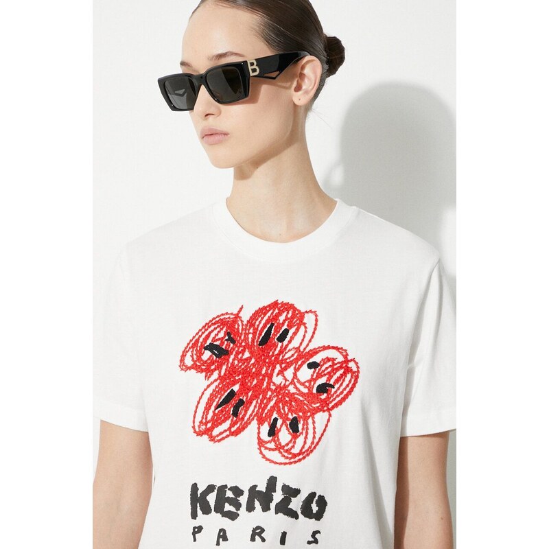 Bavlněné tričko Kenzo Drawn Varsity Loose Tee bílá barva, FE52TS1024SG.02