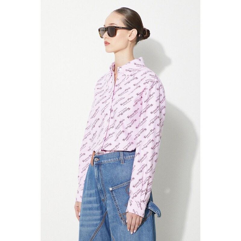 Bavlněná košile Kenzo Printed Slim Fit Shirt růžová barva, regular, s klasickým límcem, FE52CH0879D2.30
