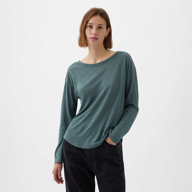 Top GAP Longsleeve Linen Blend Boatneck Top Laurel Wreath Green 17-6