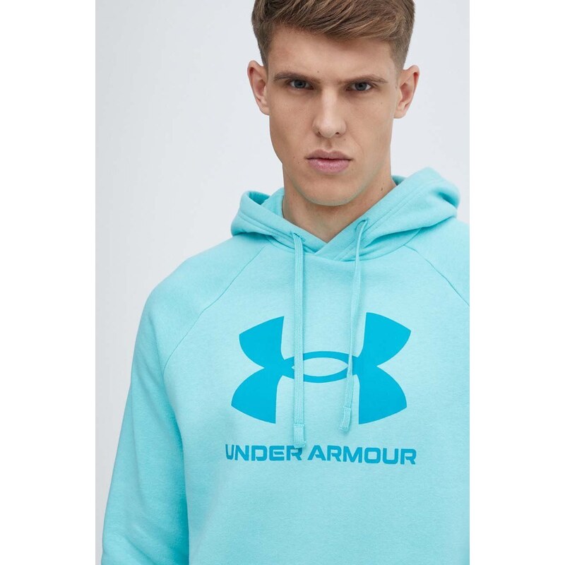 Mikina Under Armour pánská, tyrkysová barva, s kapucí, s potiskem