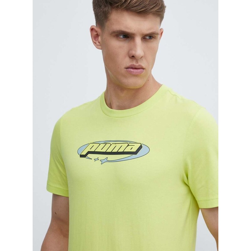 Bavlněné tričko Puma zelená barva, s potiskem, 625424