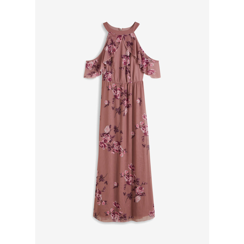 bonprix Potištěné dlouhé šaty ze síťoviny Růžová