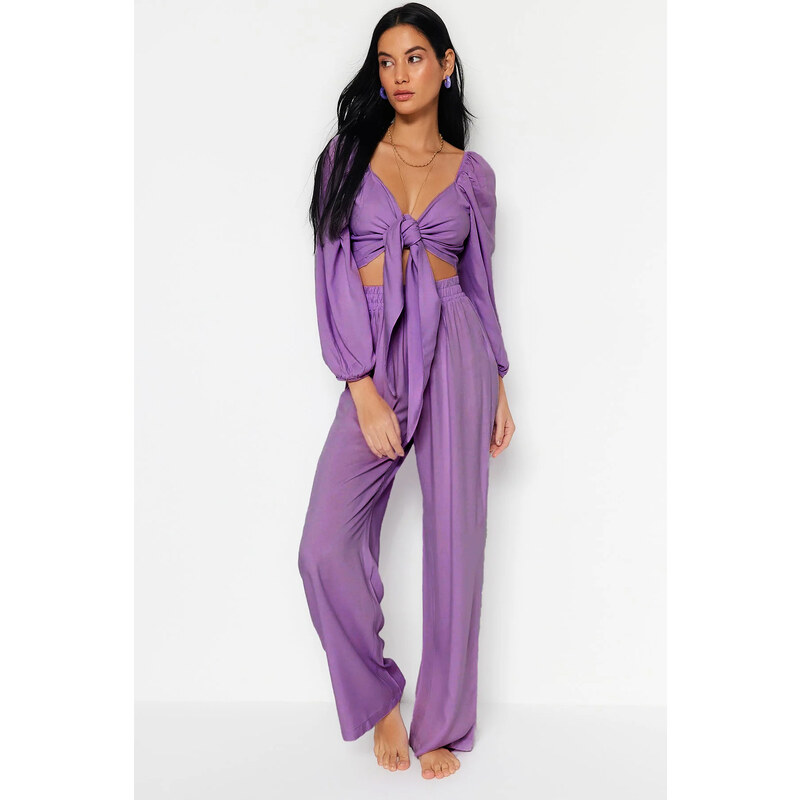 Trendyol Lilac Woven Tied Blouse Trousers Beach Set