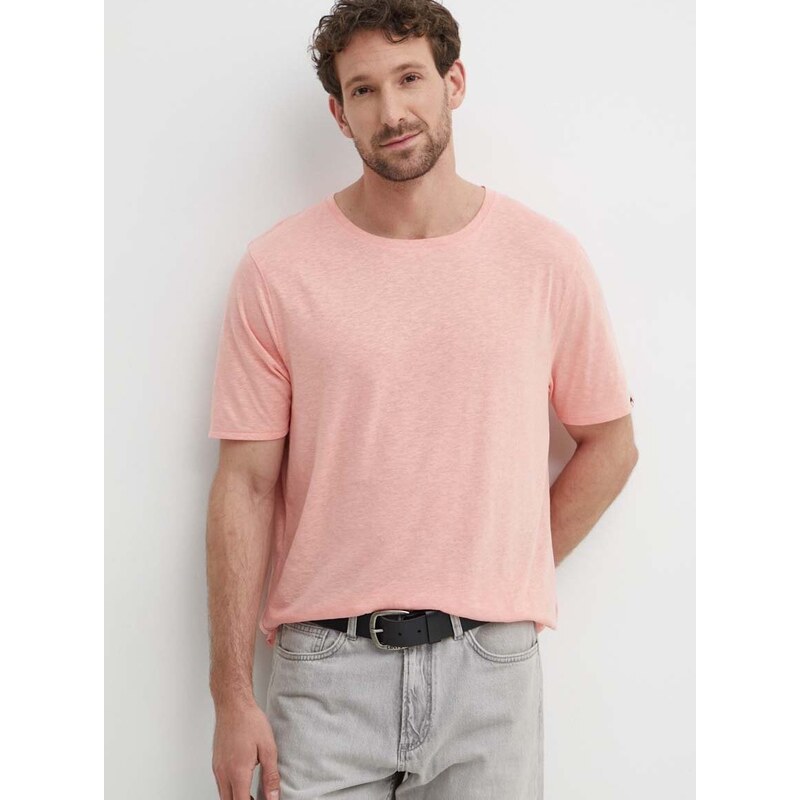 Tričko s příměsí lnu Tommy Hilfiger růžová barva