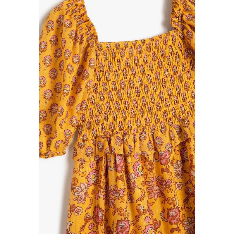 Koton Dress Floral Balloon Sleeve Cotton Square Neck Lined