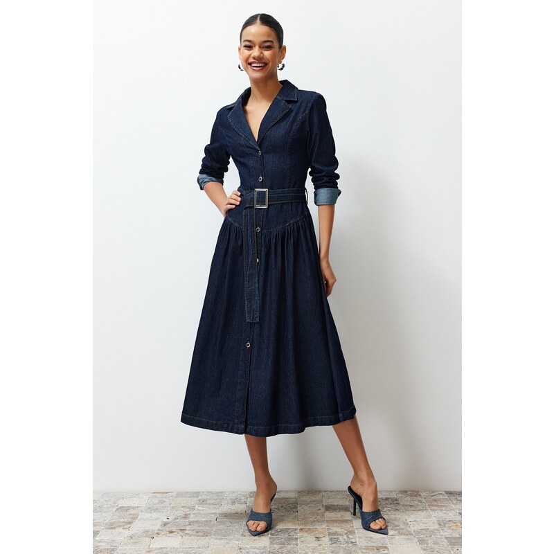 Trendyol Blue Belted Jacket Collar Maxi Denim Dress 107074523