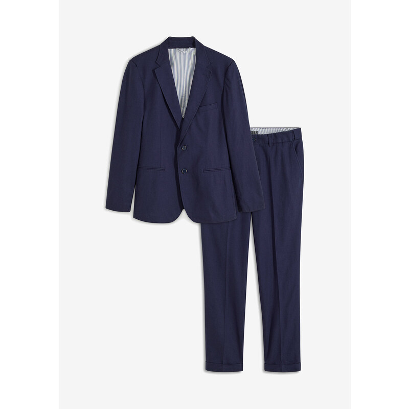 bonprix 2dílný lněný oblek Slim Fit: sako a kalhoty Modrá