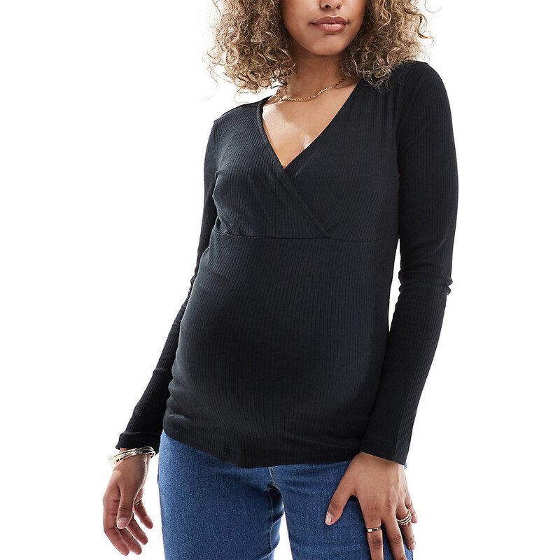 Vero Moda Maternity 2 function ribbed long sleeve top co-ord in black 91829611