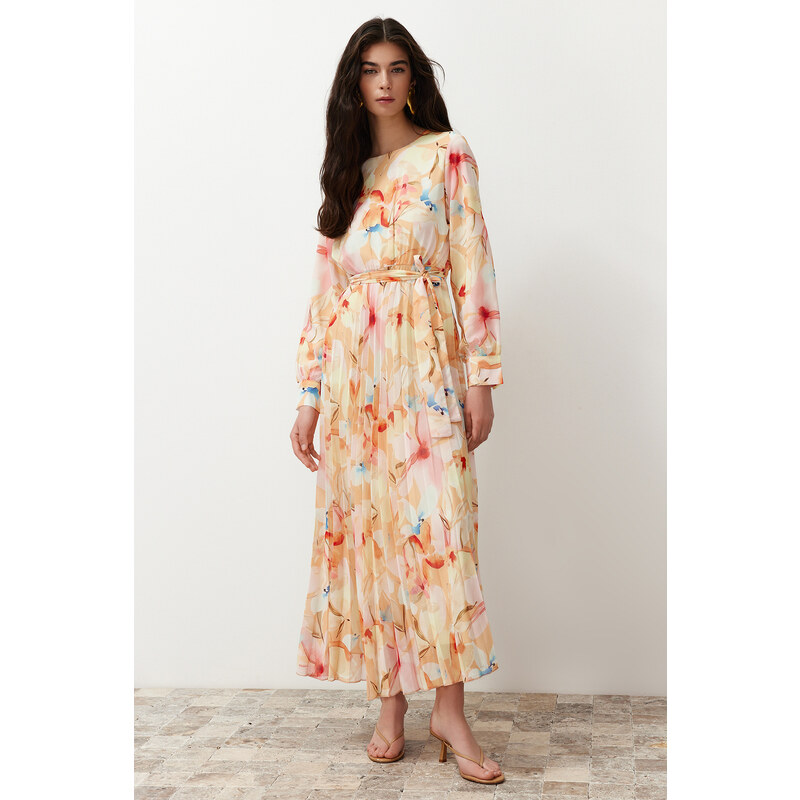 Trendyol Multi Color Floral Sash Detailed Lined Pleated Chiffon