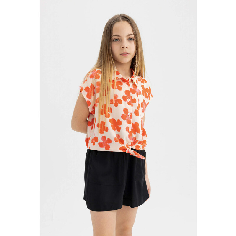 DEFACTO Girl Patterned Short Sleeve Crop Shirt