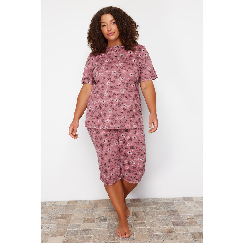 Trendyol Curve Pink Floral Pattern Capri Knitted Pajamas Set