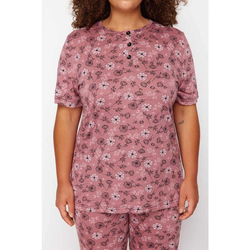 Trendyol Curve Pink Floral Pattern Capri Knitted Pajamas Set