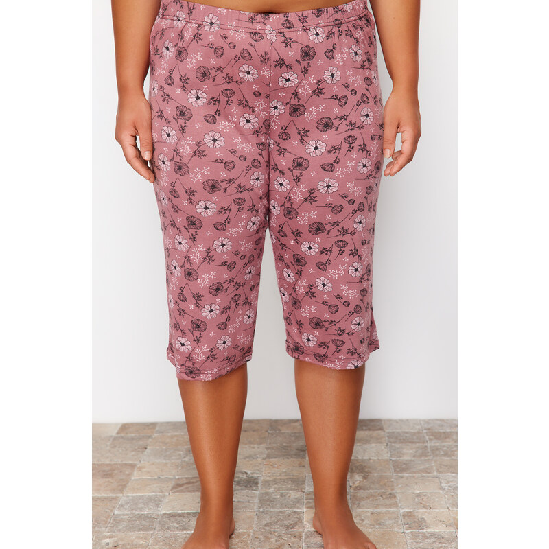 Trendyol Curve Pink Floral Pattern Capri Knitted Pajamas Set